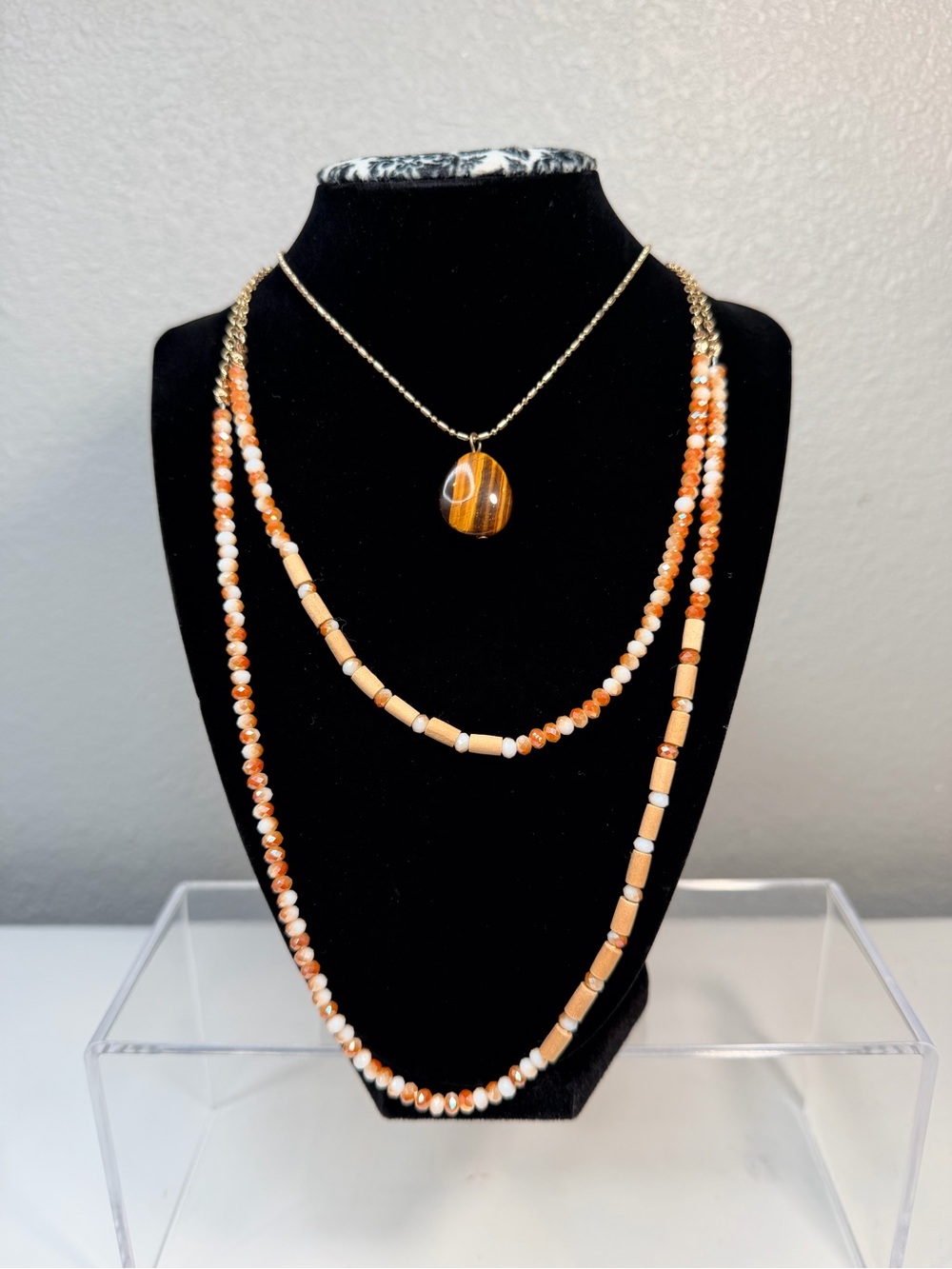 Charming Charlie Orange Bead Layered Necklace with Tiger Eye Pendant